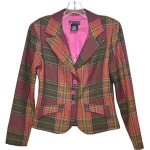 Hot Kiss Vintage Plaid Cropped Blazer Pink Orange Green Wool Blend Y2K JR M